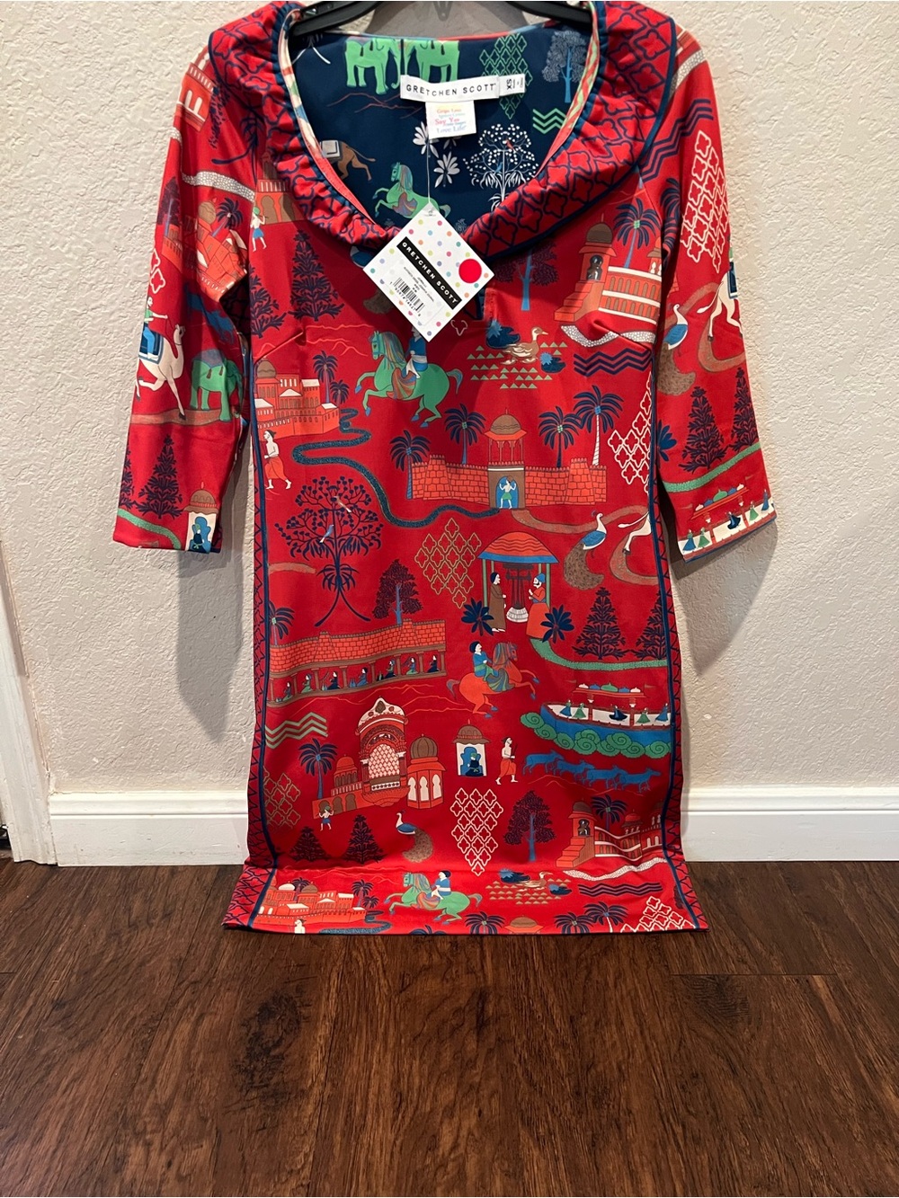 Gretchen Scott Designs Red Printed Midi Dress with Teal and Navy Accents